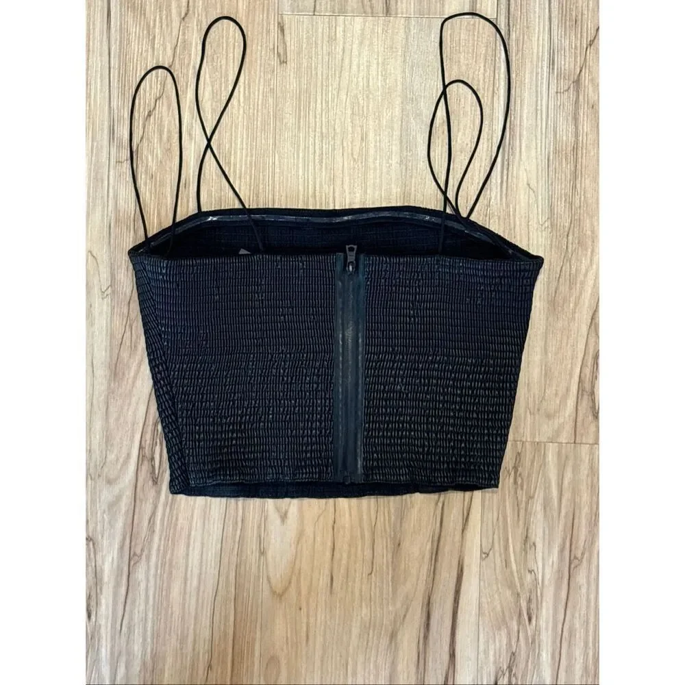 Alice + Olivia black faux leather cinch spaghetti strap Penelope crop top size S_3